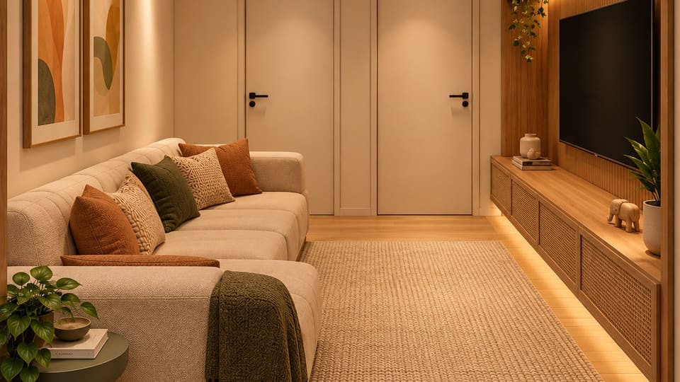 Sala de estar com sofá bege em L, almofadas em terracota e verde, tapete de fibra natural, painel de madeira ripada com televisão e luz embutida quente