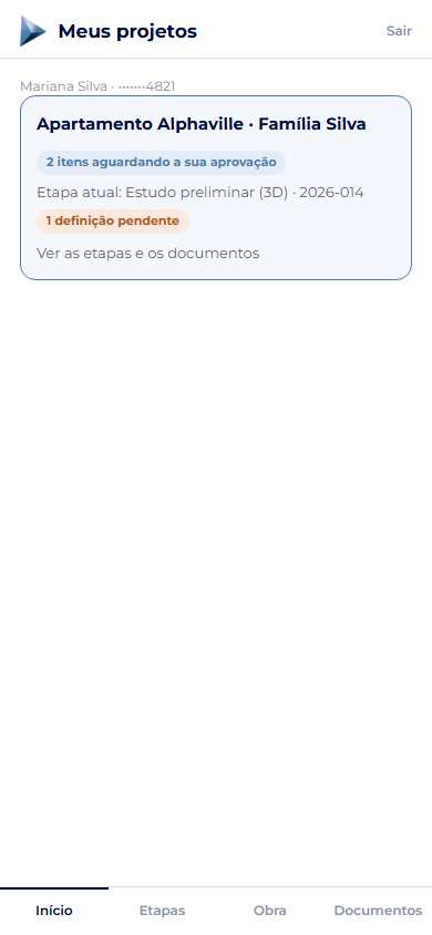 Tela inicial da área do cliente, com o projeto, a etapa atual e os itens aguardando aprovação
